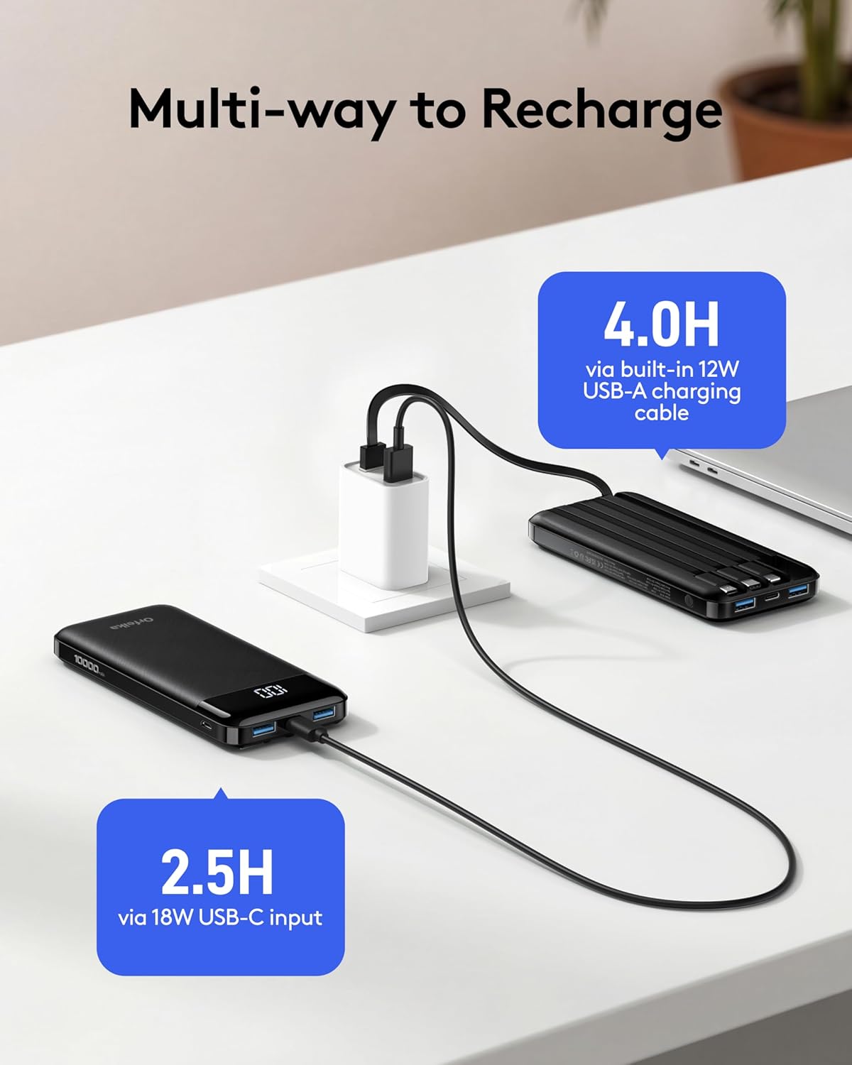 Detalle de Orfeika K14E 10,000mAh Power Bank, 22.5W Fast Charging, Built-In Cables