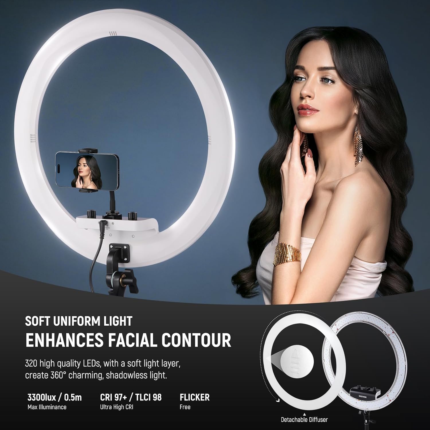 Detalle de NEEWER RP18B Pro 18 inch ring light with tripod stand and phone holder (2900K–7000K, app control)