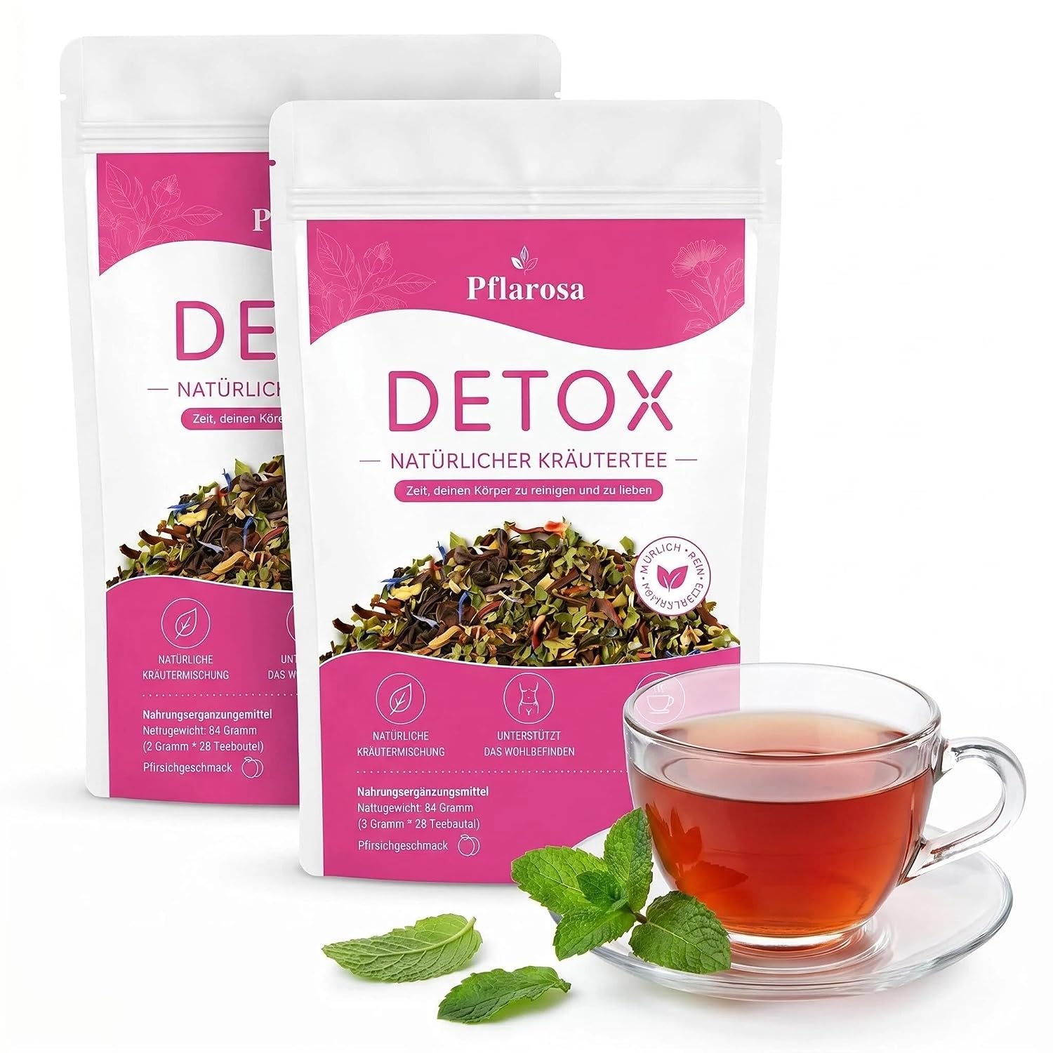 Detalle de Detox Tee zum Abnehmen – 56-Tage Kräutertee-Kur mit Grüntee, Oolong & Löwenzahn, Pfirsichgeschmack (vegan)