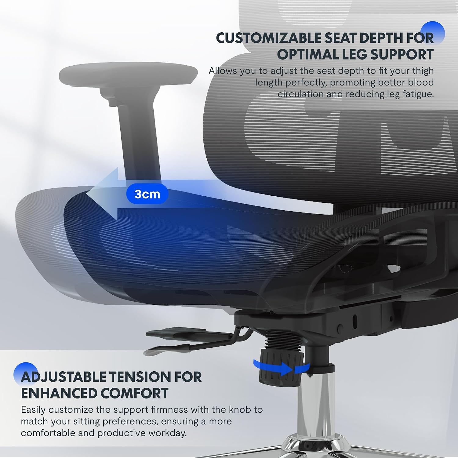 Detalle de FLEXISPOT ErgoX ergonomische bureaustoel met voetsteun, 3D-armleuningen en 5D-rugleuning