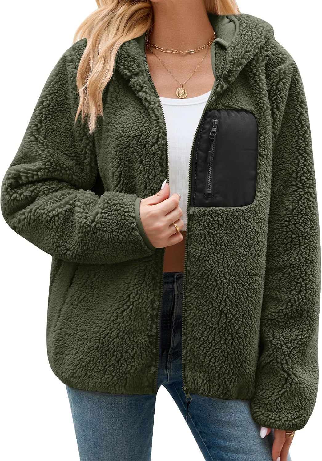 Detalle de Tuopuda Teddyfell Jacke Damen Zipper Hoodie
