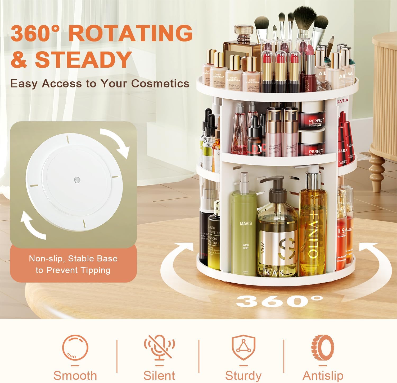 Detalle de Auxmir BM-808 9-Layer Rotating Makeup Organiser, 360° Turn, White