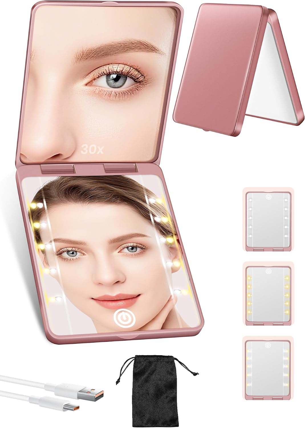 Detalle de SisKokoro Rechargeable Compact Makeup Mirror, 30X Magnification, 3 Light Modes