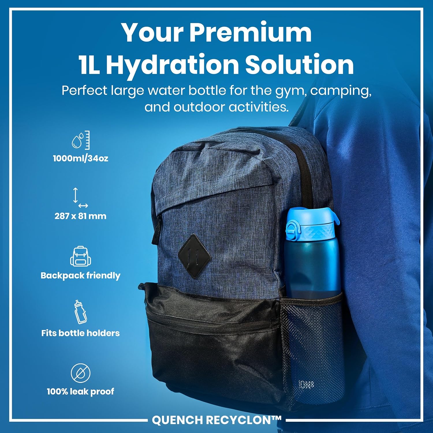 Thumbnail 1 de Ion8 1 Litre Water Bottle with Times to Drink – Leak-Proof, BPA Free, 1 Litre, White
