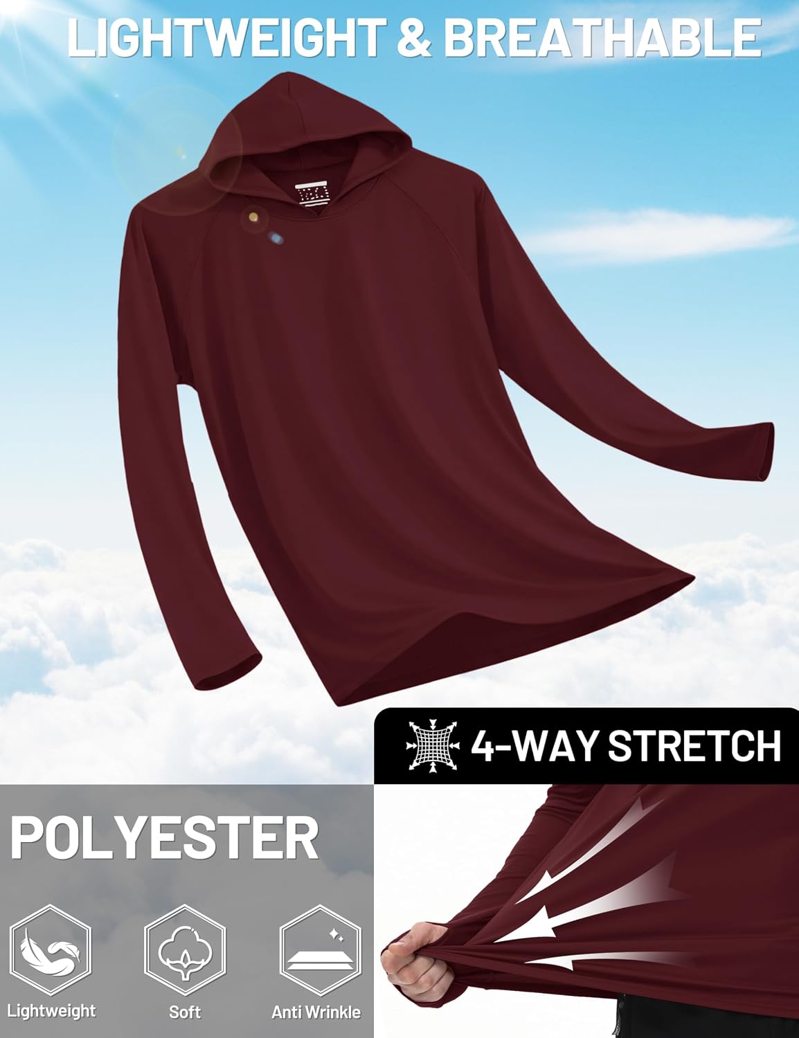 Detalle de TACVASEN men’s UPF 50+ sun protection long-sleeve hoodie rash guard