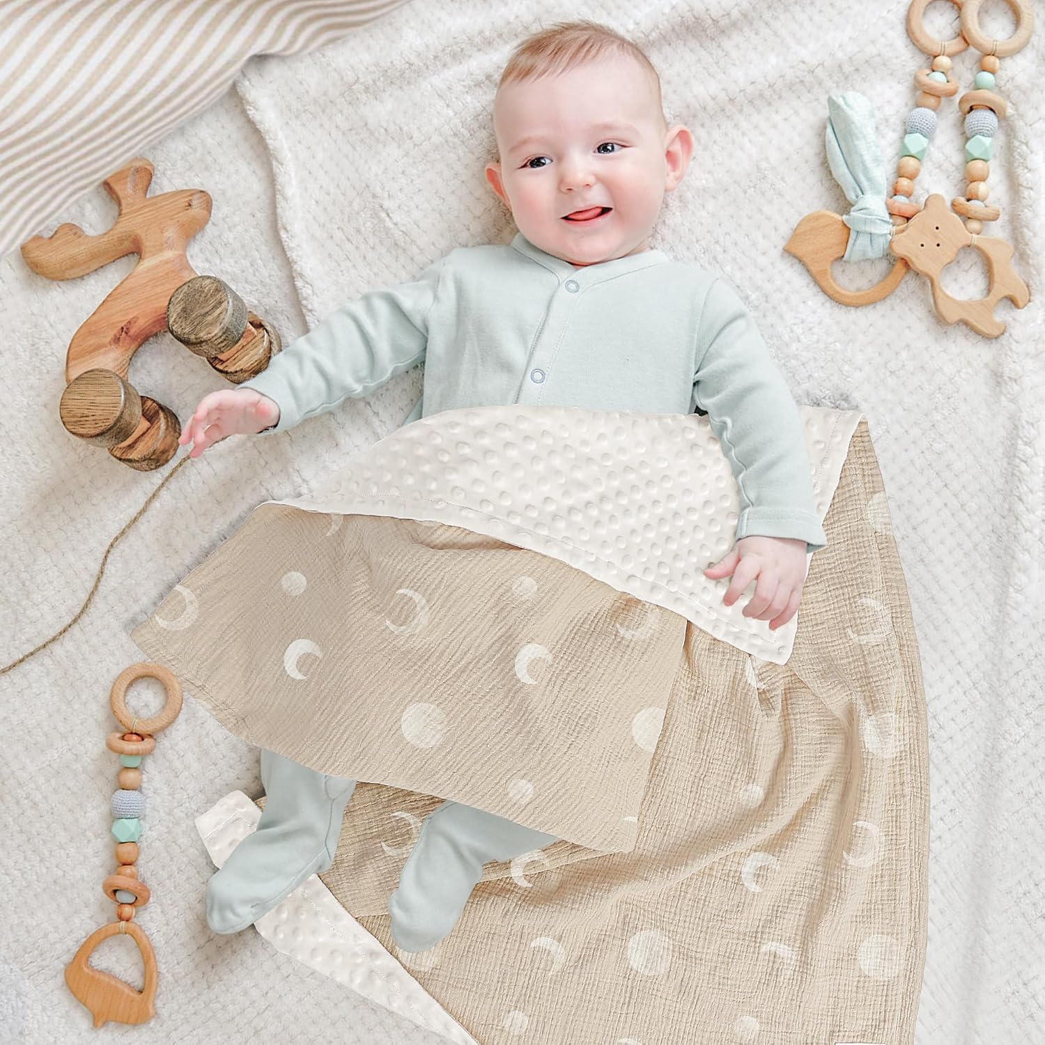 Detalle de bearmoss Muslin & Dotted Fleece Baby Blanket (Desert Crescent), 76x100cm