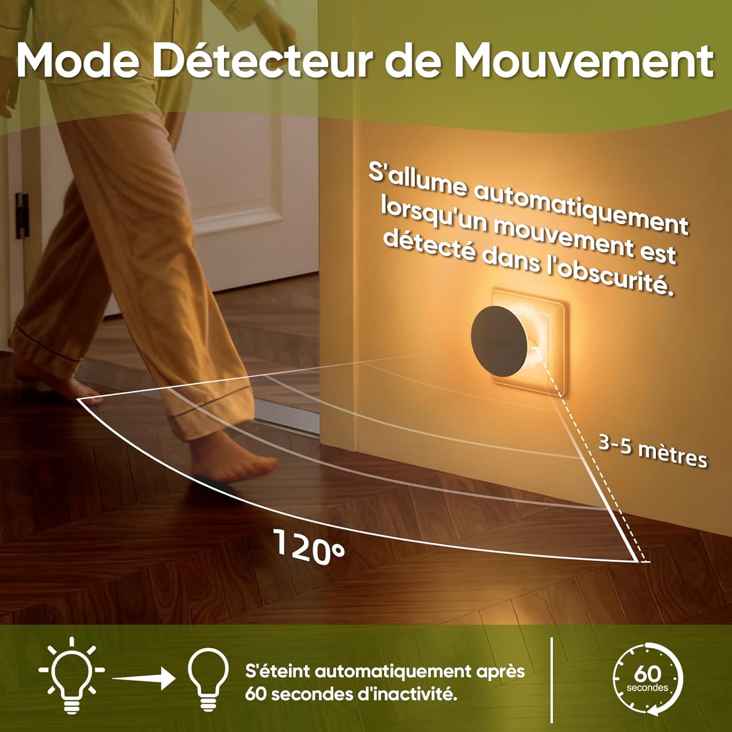 Thumbnail 2 de [Lot de 2] Veilleuses prise à détecteur de mouvement, luminosité réglable et contrôle tactile (blanche chaude, 3 modes)
