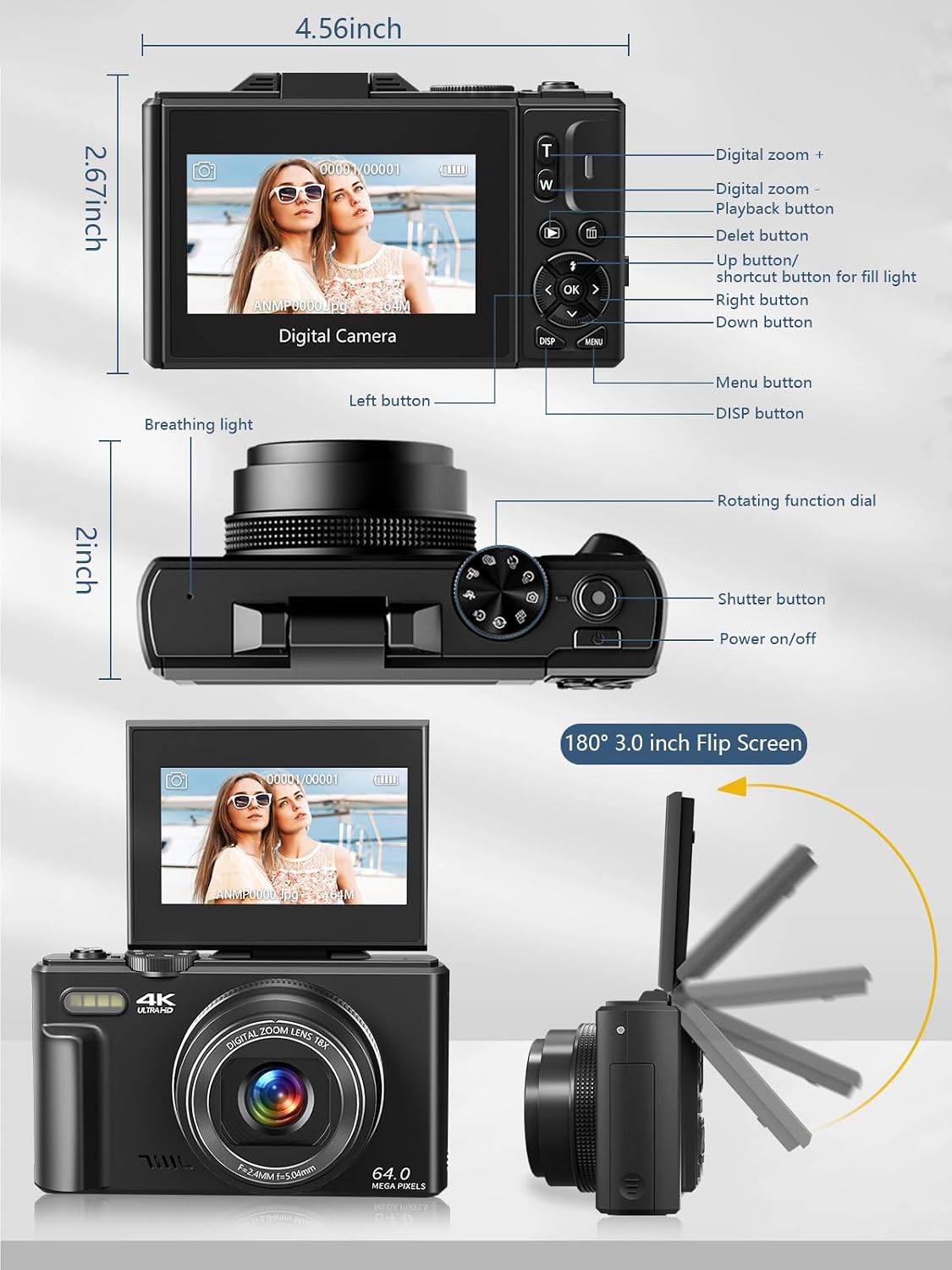 Thumbnail 6 de Gavonde WD08 4K Digital Camera, 64MP, 180° Flip Screen, 18x Digital Zoom