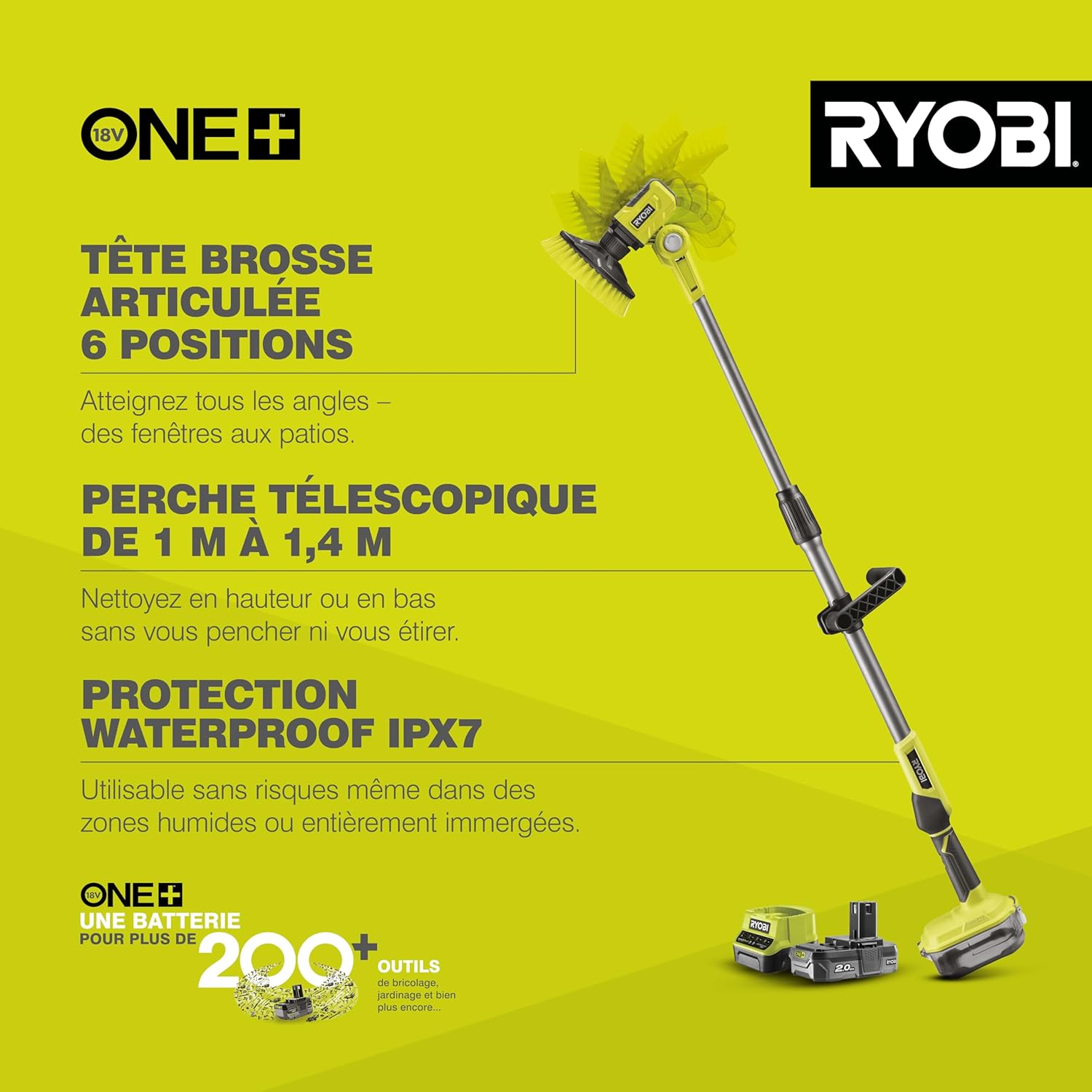 Thumbnail 1 de Ryobi R18TPS-120G Brosse Rotative télescopique 18V ONE+ — Nettoyage Multi-Surfaces en Hauteur (1,4 m)