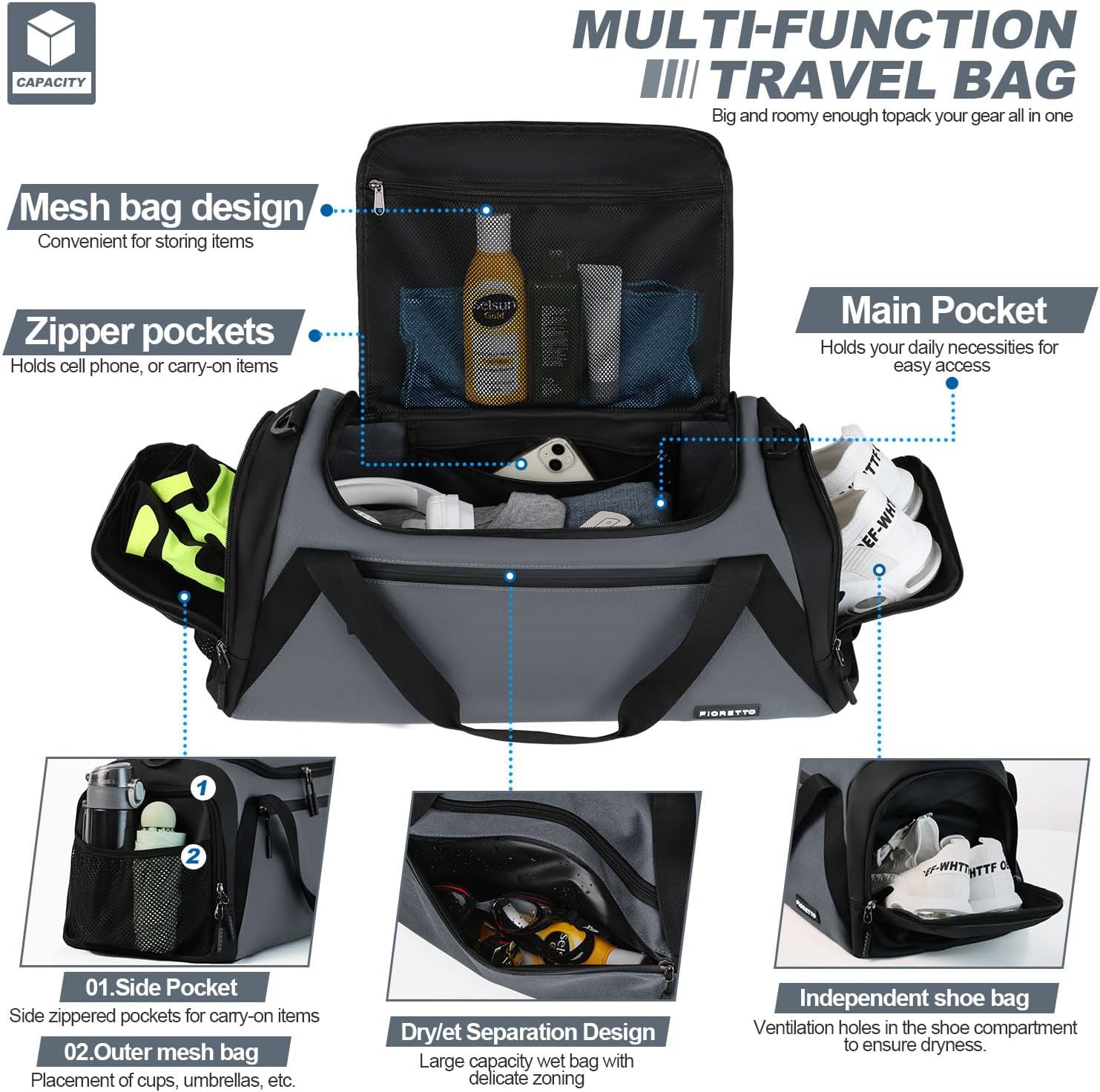 Detalle de FIORETTO Mens Sports Gym Bag with Wet Pocket & Shoe Compartment