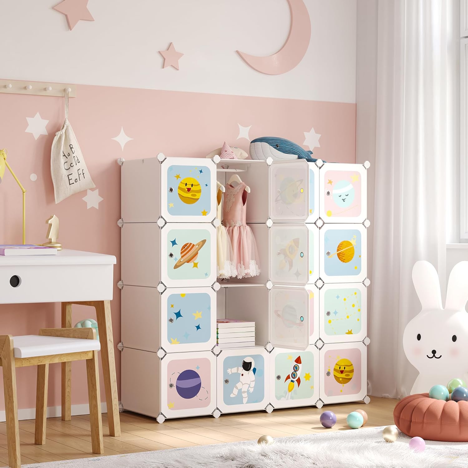 Detalle de SONGMICS Armadio modulare per bambini con 16 scomparti e 4 barre appendiabiti (LPC905W01), bianco
