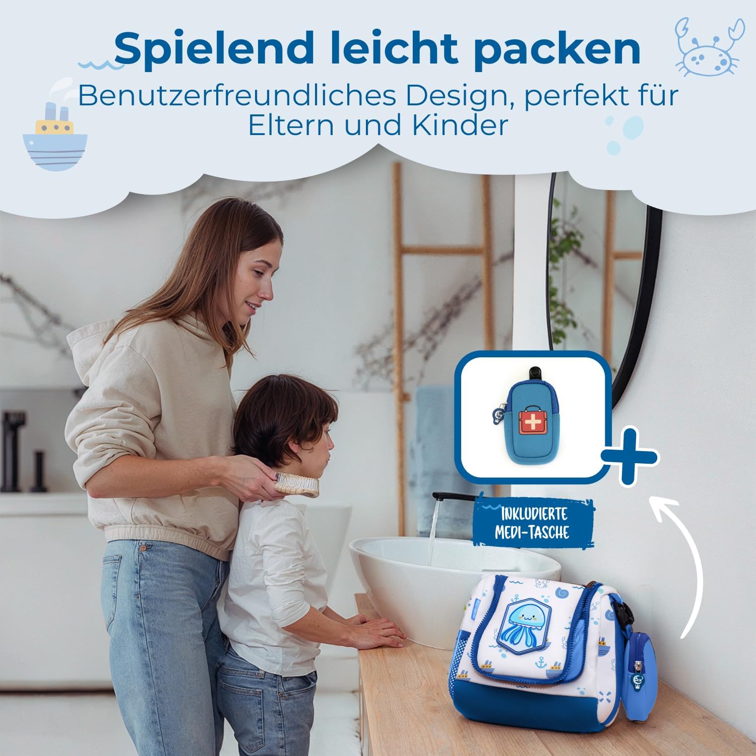 Detalle de REISERACKER Kinder-Kulturbeutel zum Aufhängen inkl. Medi-Tasche – Kulturtasche für Jungen und Mädchen