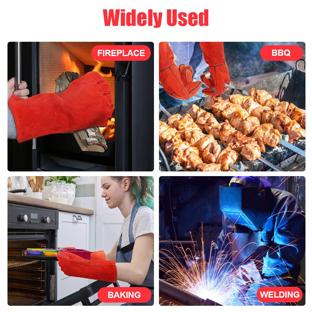 Thumbnail 6 de AUAUY Heat-Resistant Long Leather Gauntlets – protective fire gloves for welding, BBQ, oven & fireplace use (red)