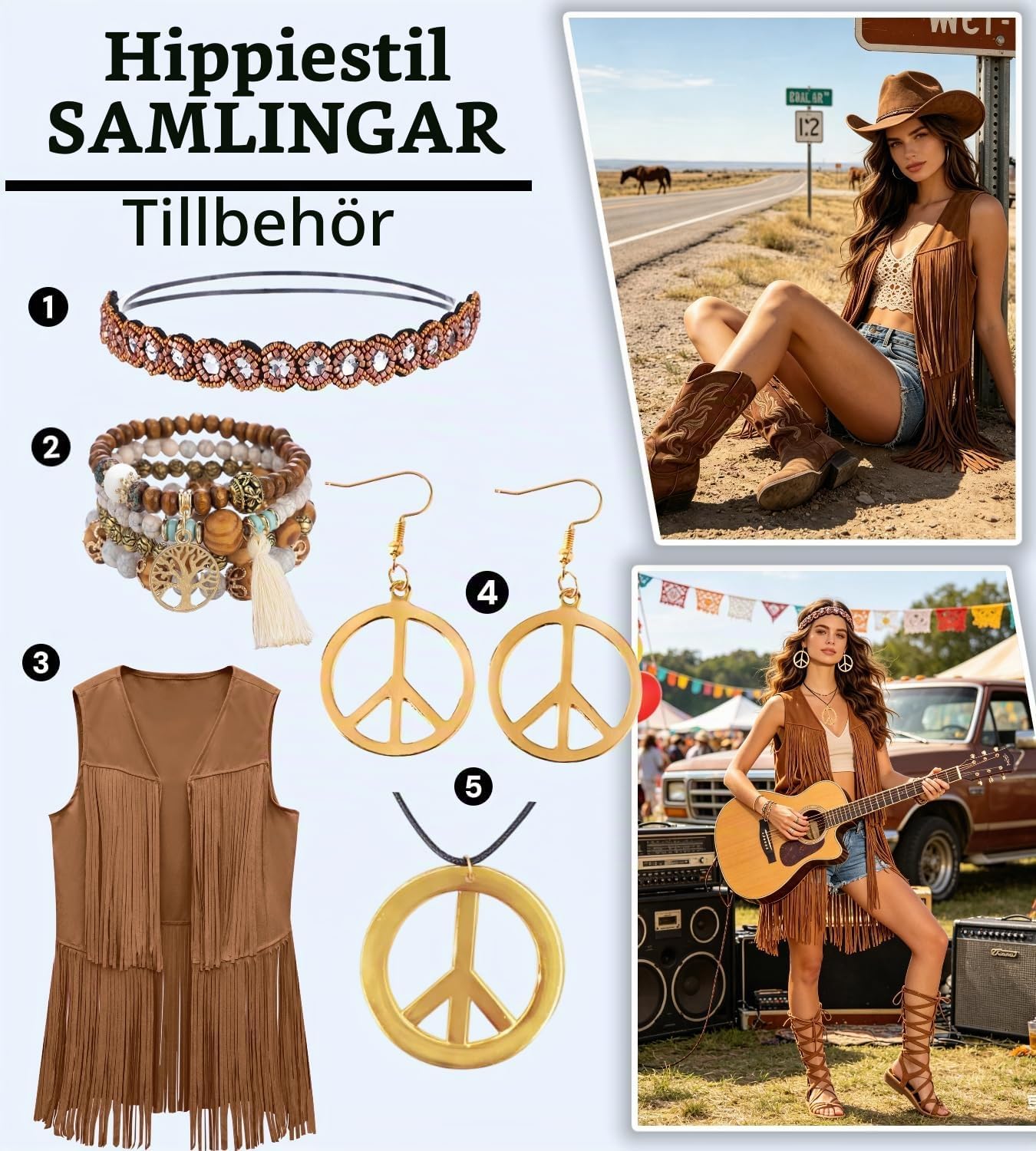 Detalle de kasahara hippiekostym för kvinnor med fransväst och tillbehör