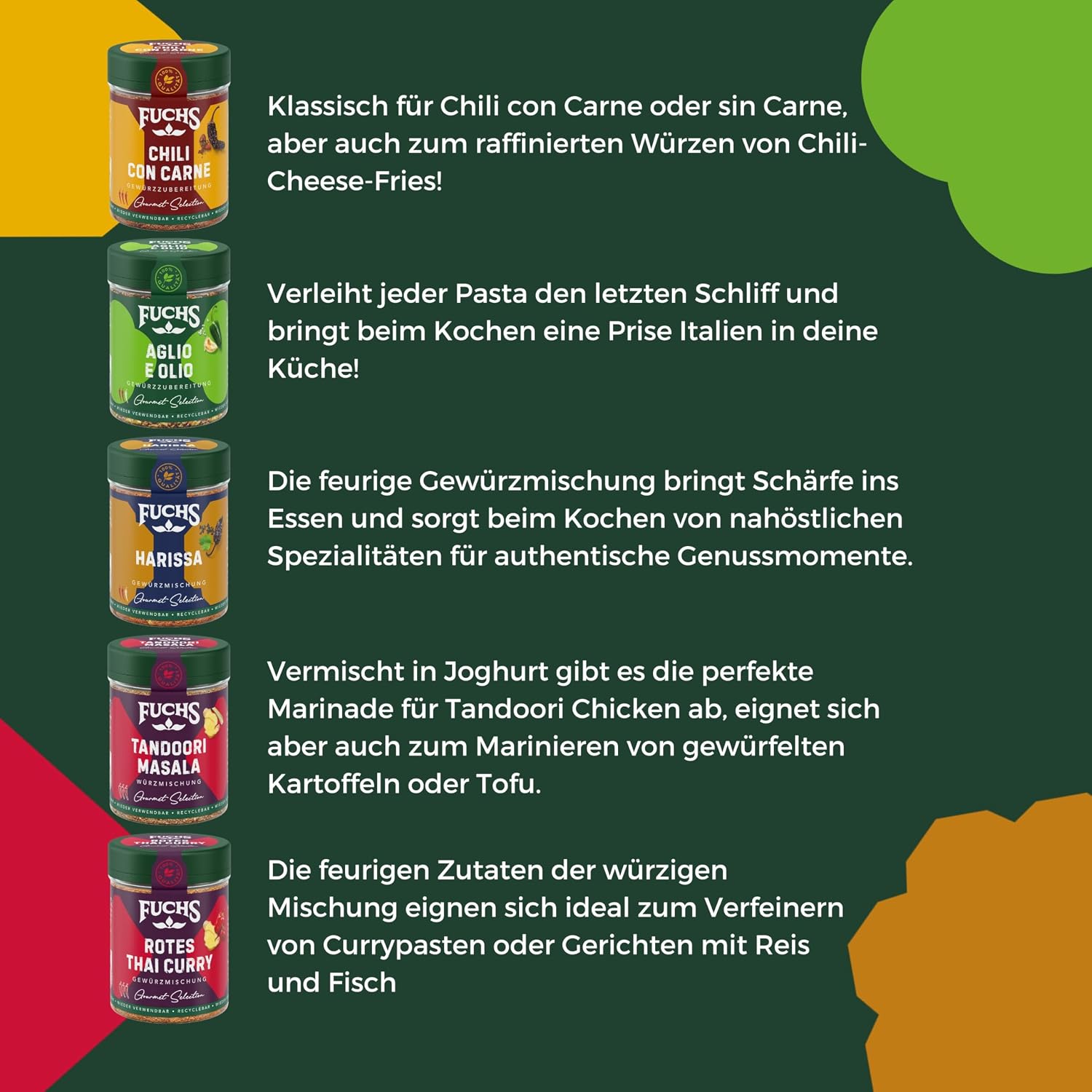 Detalle 2 de Fuchs Gourmet Selection Hot-Box-Geschenkbox mit 5 scharfen Gewürzmischungen aus verschiedenen Länderküchen