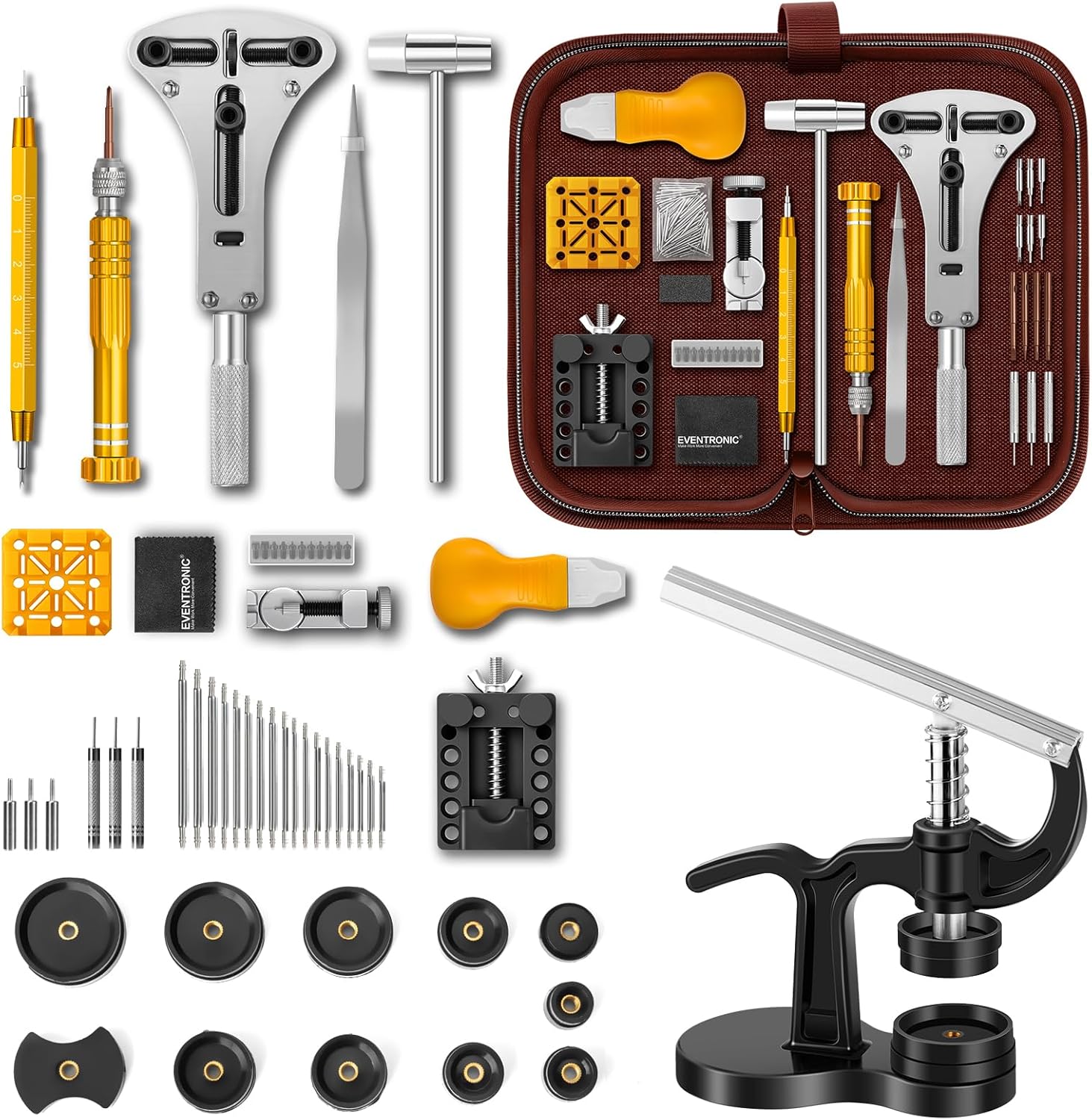 Detalle de Eventronic Uhrenwerkzeug Set + Uhr Presse – Profi-Set für Reparaturen und Batteriewechsel