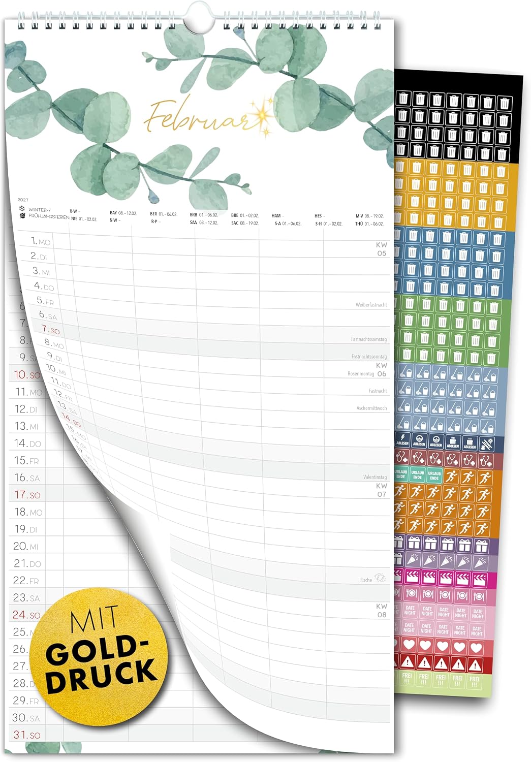 Detalle de Spielefabrik Familienkalender 2027 – Familienplaner 5 Spalten, EUKALYPTUS Blattgold, 23 x 43 cm, echter Goldprägung