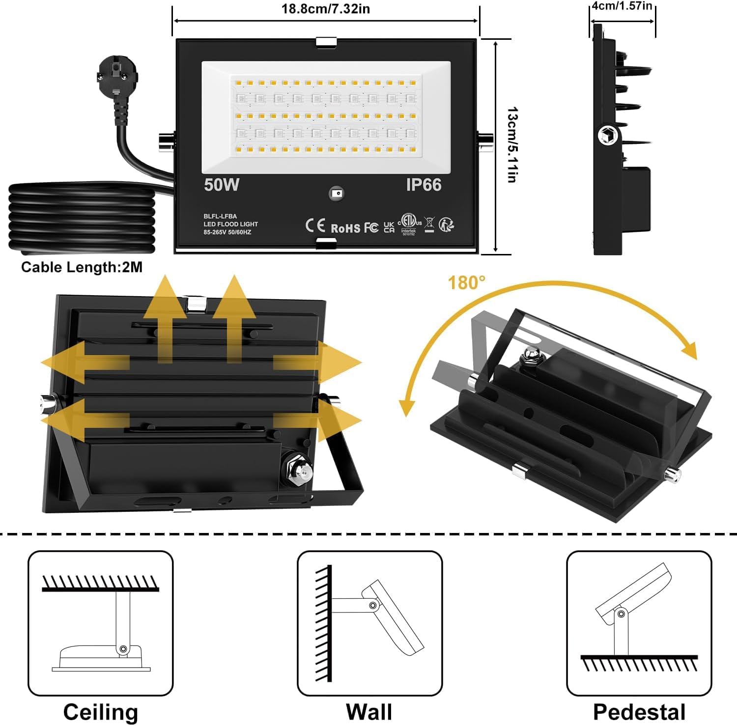 Thumbnail 6 de RGB LED Außenstrahler 50W Fluter 5 Modi mit Fernbedienung – 120 Farben, 5.000 lm, IP66 (4er-Set)