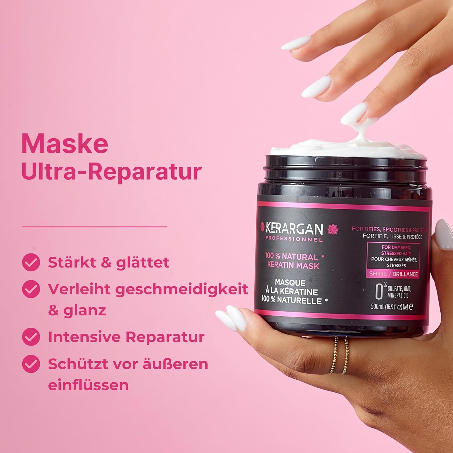Detalle de Kerargan Ultra reparierende Keratin-Haarmaske für strapaziertes Haar (500 ml) – ohne Sulfate, GVO & Mineralöl
