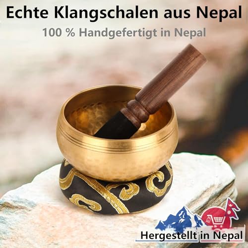 Detalle de OZCHIN Tibetisches Klangschalen-Set – handgehämmert in Nepal, 8 cm (inkl. Meditationsschale, Ringkissen, Holzklöppel, Box)