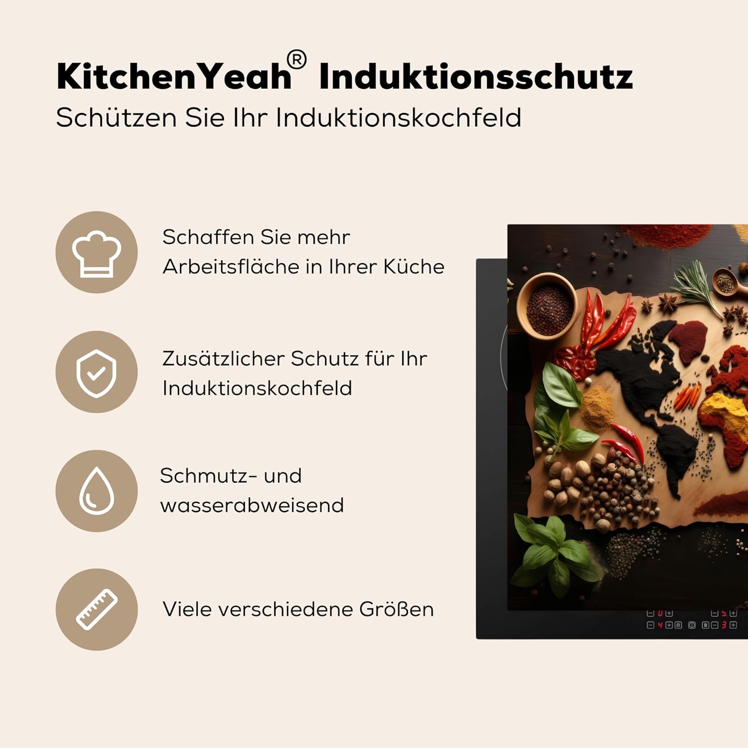 Thumbnail 5 de KitchenYeah Herdabdeckplatte Induktion - 59x51 cm Braun mit Welken-Kräuter-Weltkarte Fotodruck