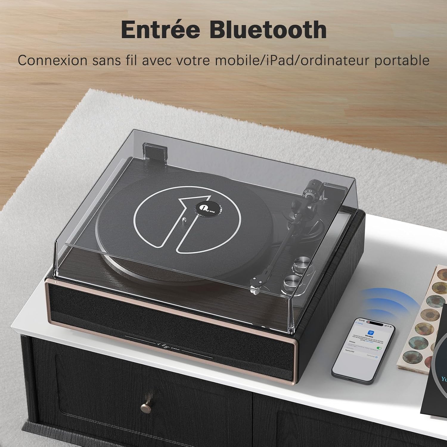 Detalle 2 de 1 BY ONE Platine Vinyle avec Haut-parleurs Intégrés Bluetooth — 33/45 TR/min, transmission par courroie et arrêt automatique