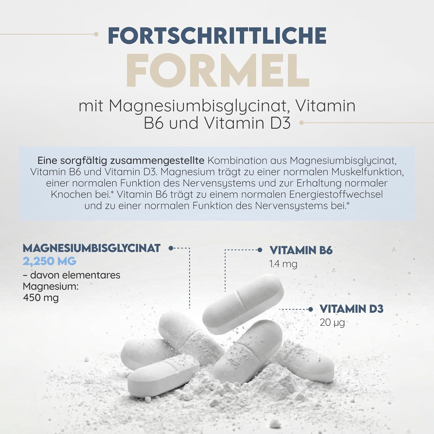 Detalle de N2 Natural Nutrition Magnesium Bisglycinat 2250mg – 450mg elementares Magnesium pro Tag mit Vitamin B6 und D3, 150 Tabletten