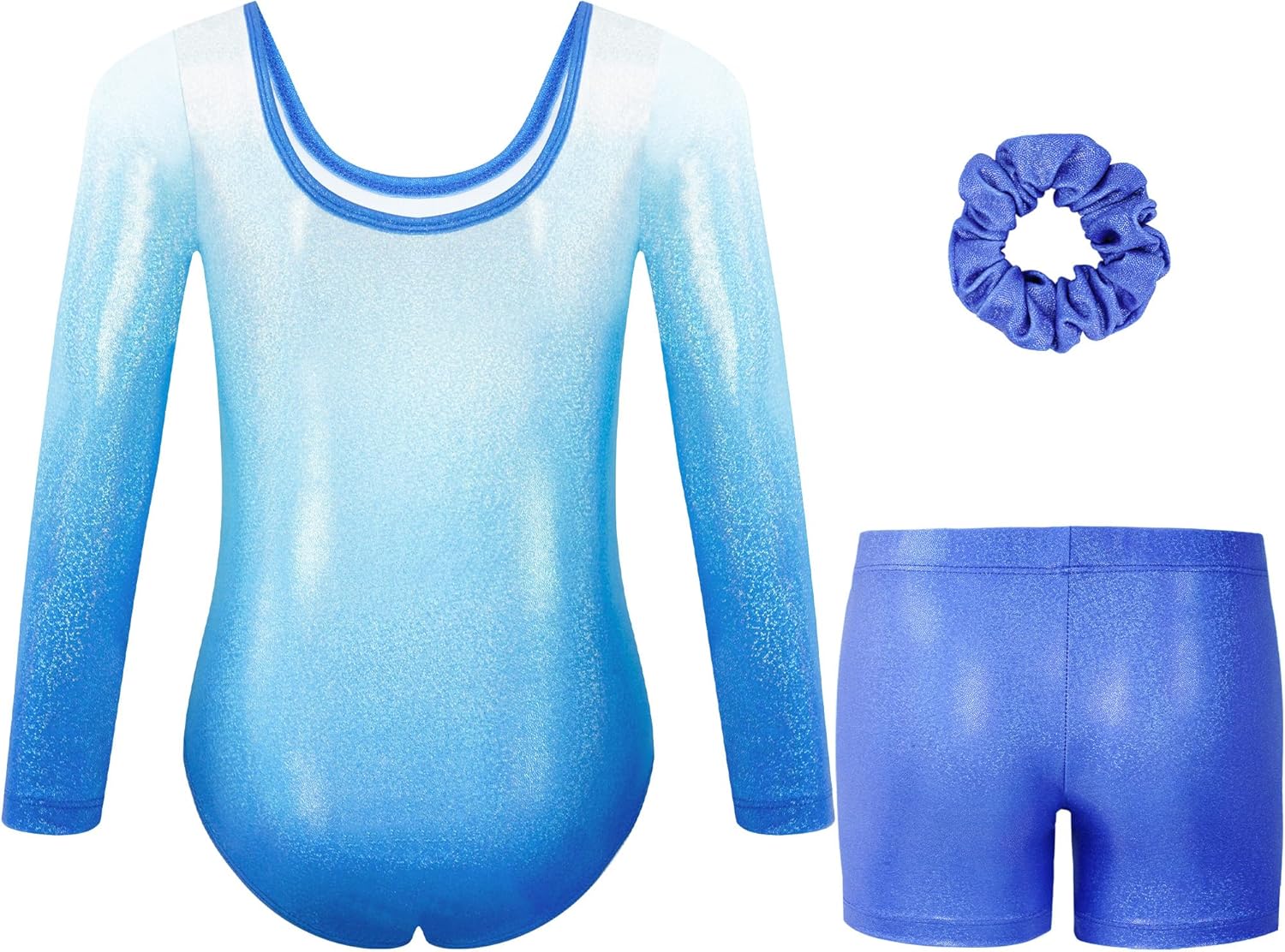 Thumbnail 1 de Gogokids Girls Three-Piece Gymnastics Leotards Set (Long Sleeve, Shorts & Hairband) with Gradient Sequin Design