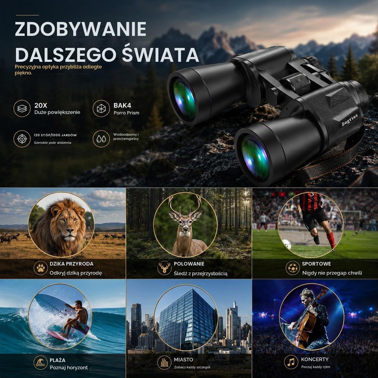 Detalle 2 de Sogries DF20X50 – lornetka 20×50 z pryzmatami BAK-4 i powłoką FMC