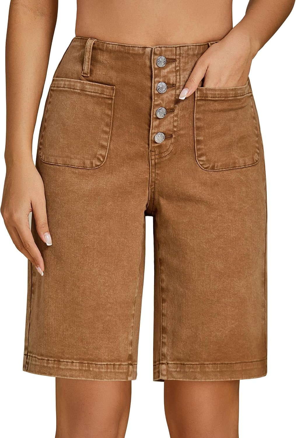 Detalle de luvamia High-Waisted Denim Bermuda Shorts for Women with Button Fly and Patch Pockets