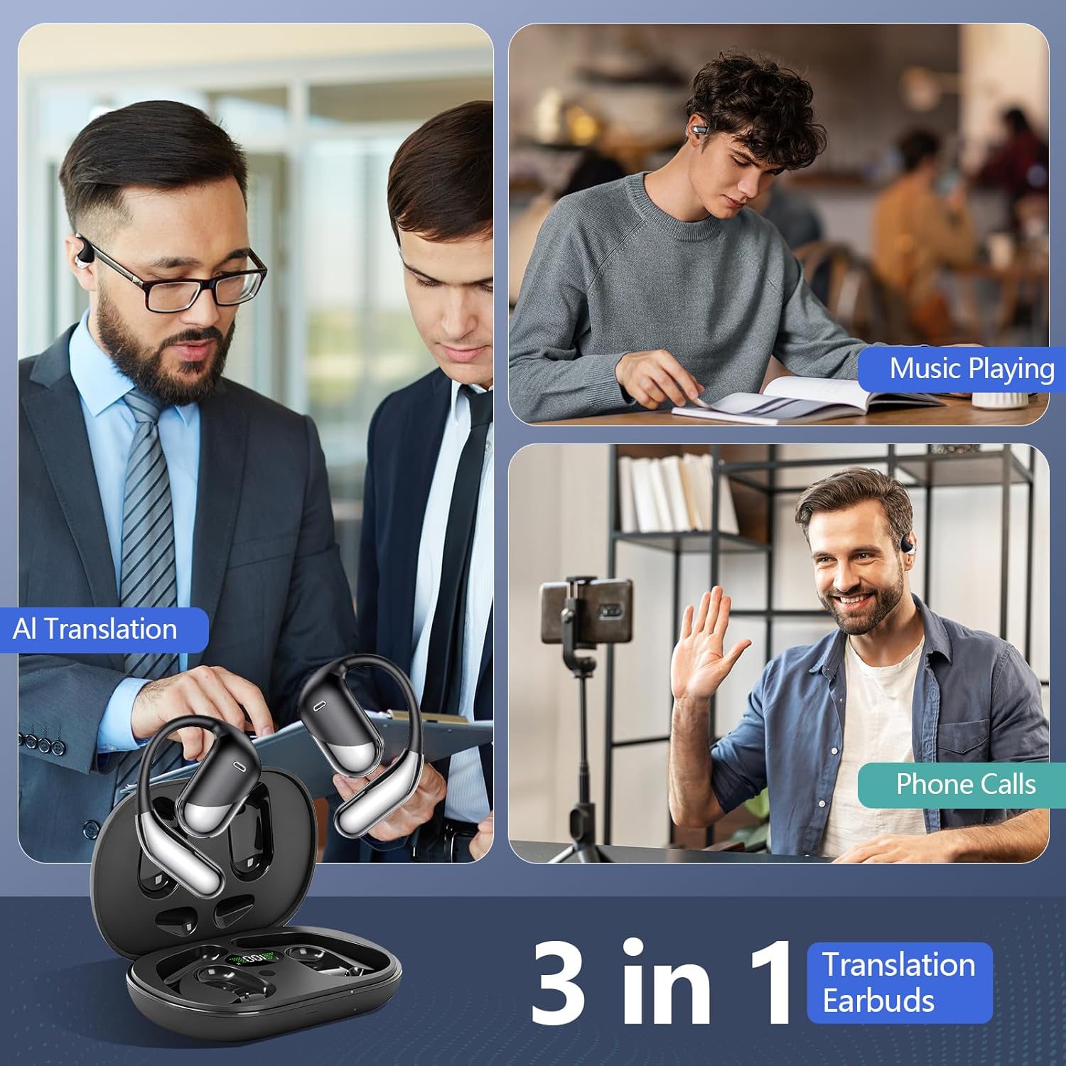 Thumbnail 3 de AI Übersetzung Ohrhörer Echtzeit – 144 Sprachen, 4 Mikrofone, 60 Stunden Akkulaufzeit