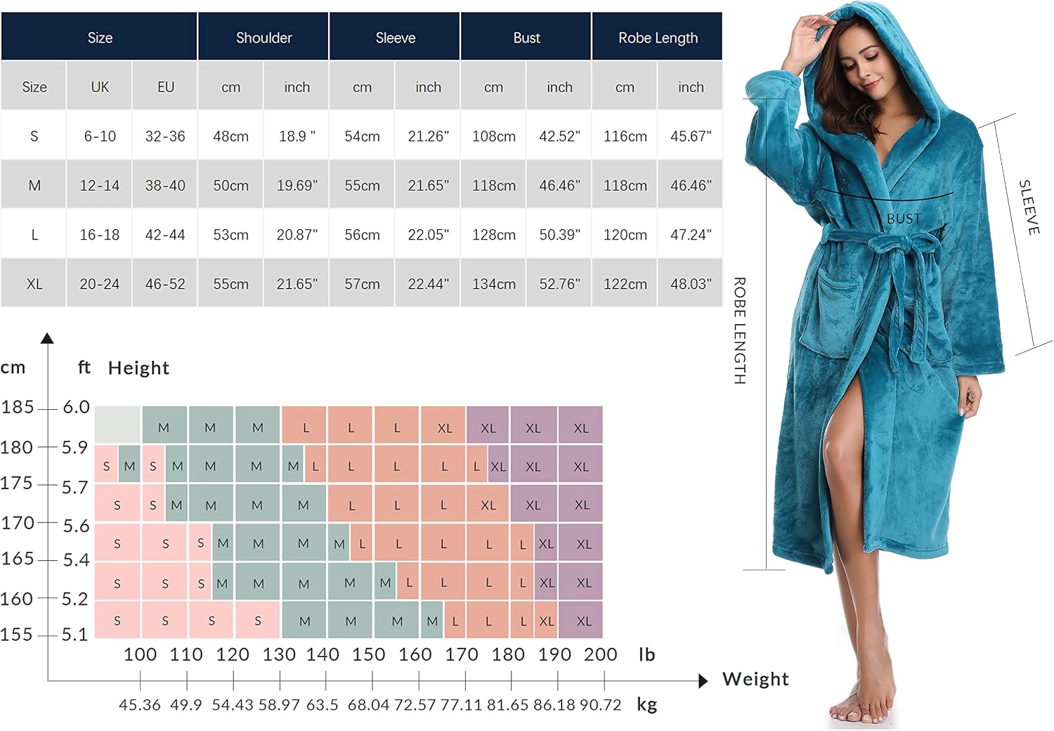 Thumbnail 5 de Vlazom Robe de chambre polaire pour femme à capuche, peignoir en flanelle chaude et douce