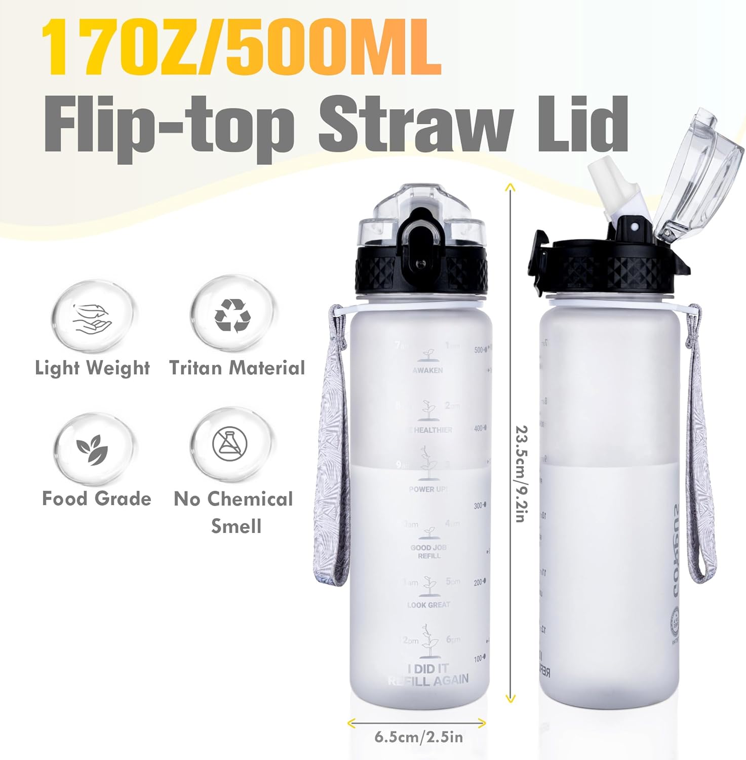 Thumbnail 4 de GOPPUS 500ml/17oz Kids Water Bottle with Straw – BPA Free, Flip-Top Lid, Time Markings and Strap