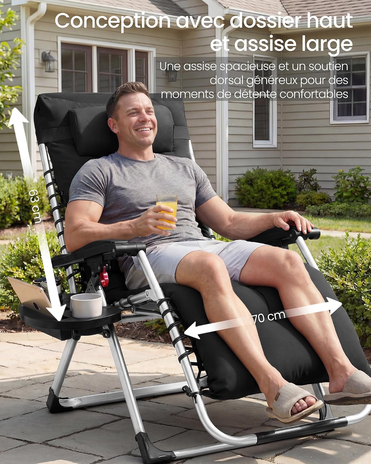 Thumbnail 4 de SONGMICS Chaise Longue Pliante « gravité zéro » avec coussin amovible, appui-tête réglable et plateau