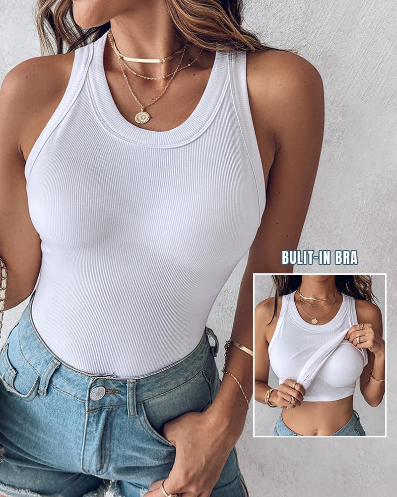 Thumbnail 5 de CHICME Women Built-in Bra Tank Tops (Racerback, Ribbed Fitted Sleeveless)