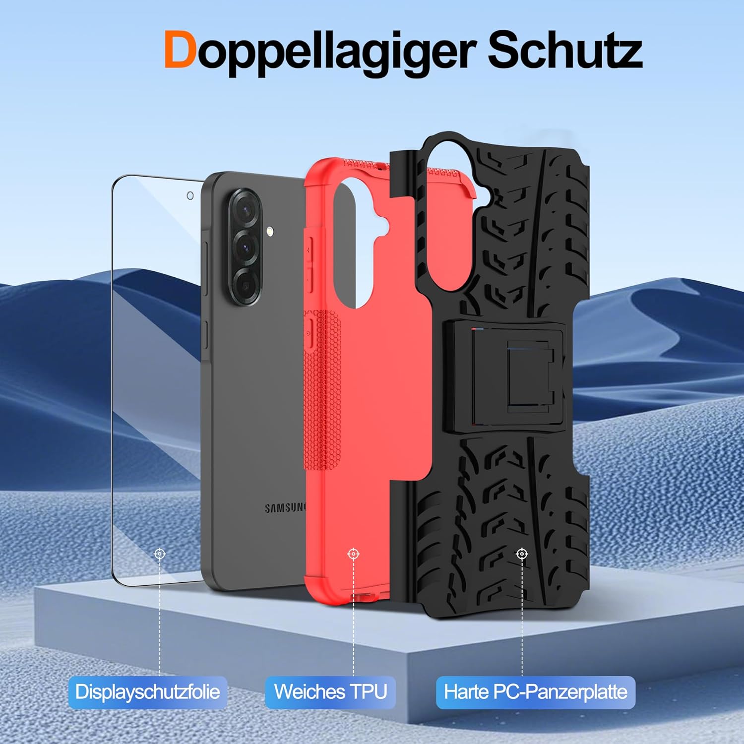 Detalle de Pilaru Handyhülle für Samsung Galaxy A36 – 360° Ständer, Militärschutz, rotes Design