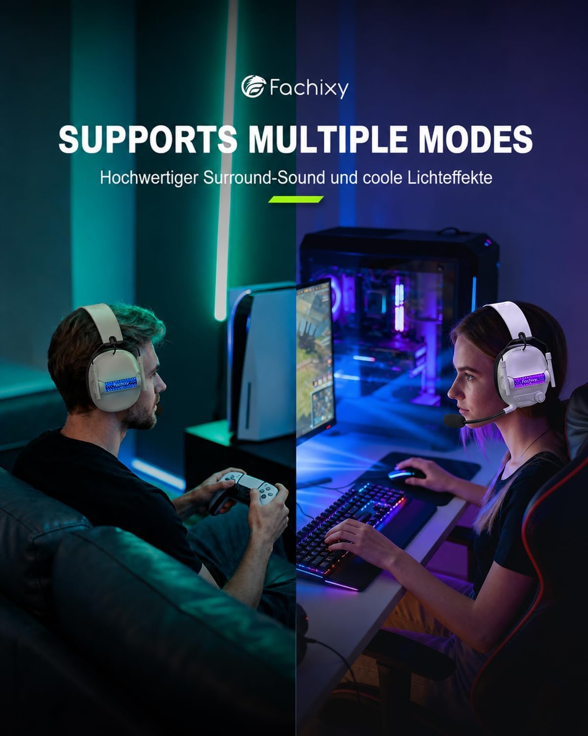 Thumbnail 6 de Fachixy Gaming Headset Wireless für Xbox Series X|S|One, PC, PS5, PS4, Switch – 2,4 GHz, Bluetooth 5.4, Faltbar, RGB, 60 Stunden Akkulaufzeit