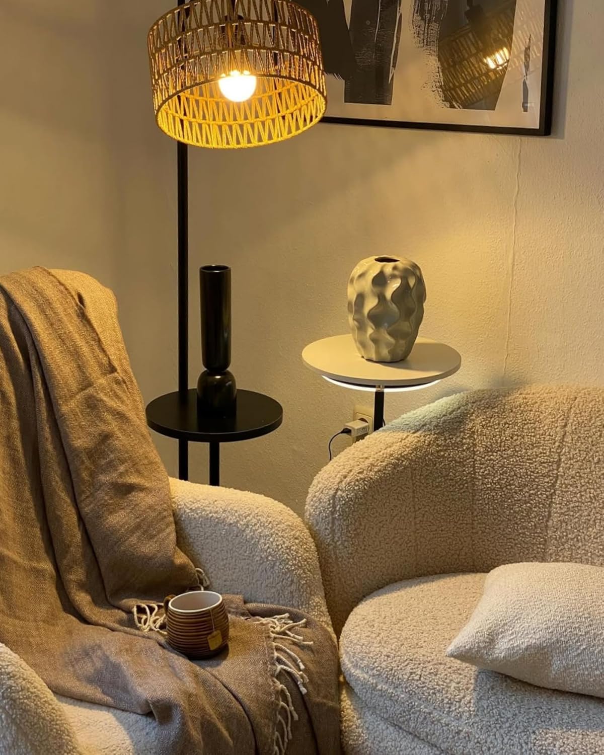 Thumbnail 6 de LuminexDesigns Stehlampe Wohnzimmer Vintage Rattan – Höhenverstellbar, E27, Ablage, Fußschalter, Schwarz-Beige