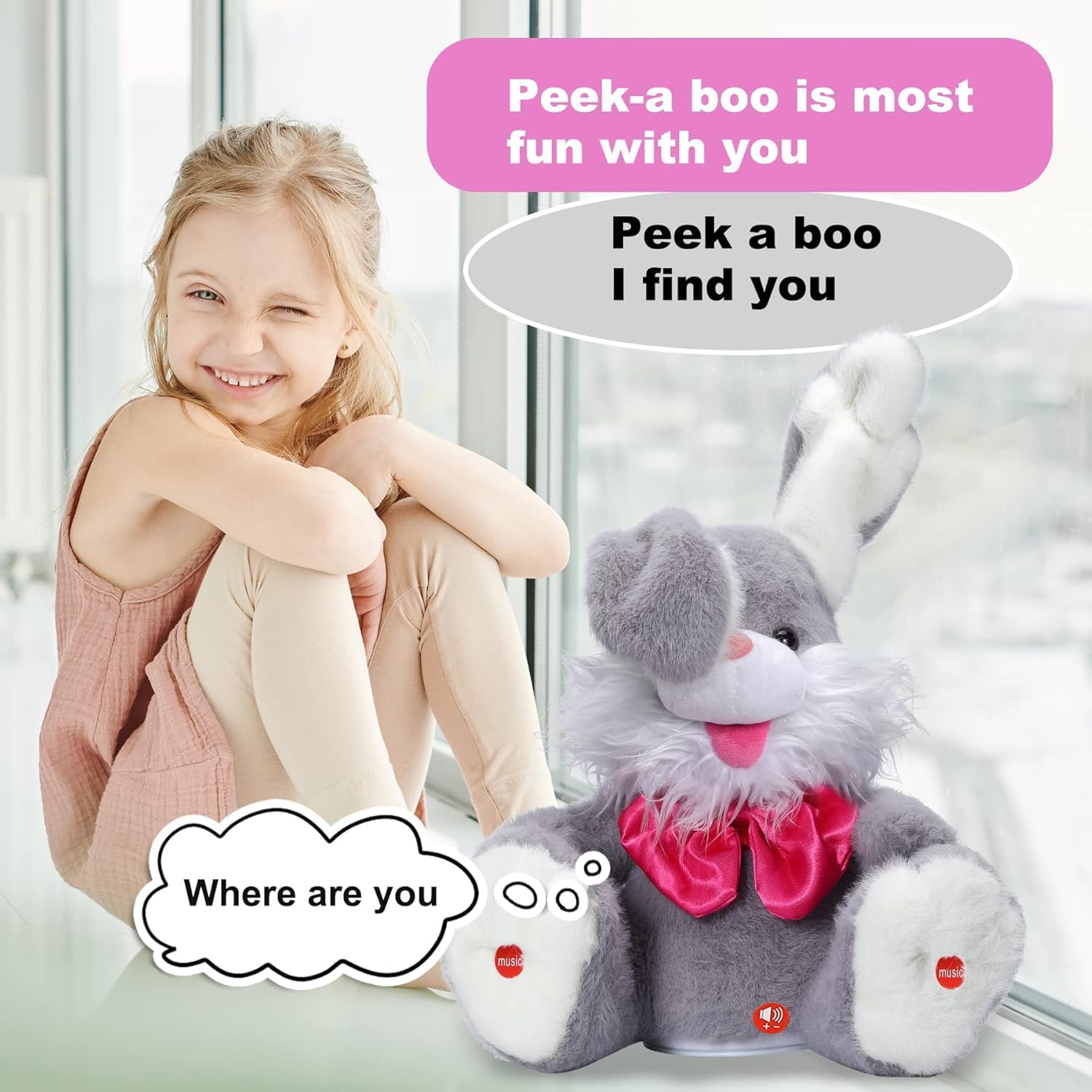 Detalle de seOSTO Bunny Peek-A-Boo Talking Toy: Repeat What You Say, Singing 15 English Songs