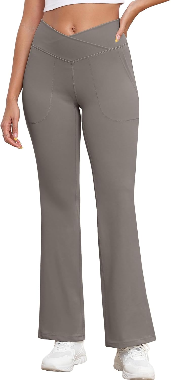 Detalle de GRECERELLE Womens Yoga Pants Trousers with Crossover High Waist and Pockets