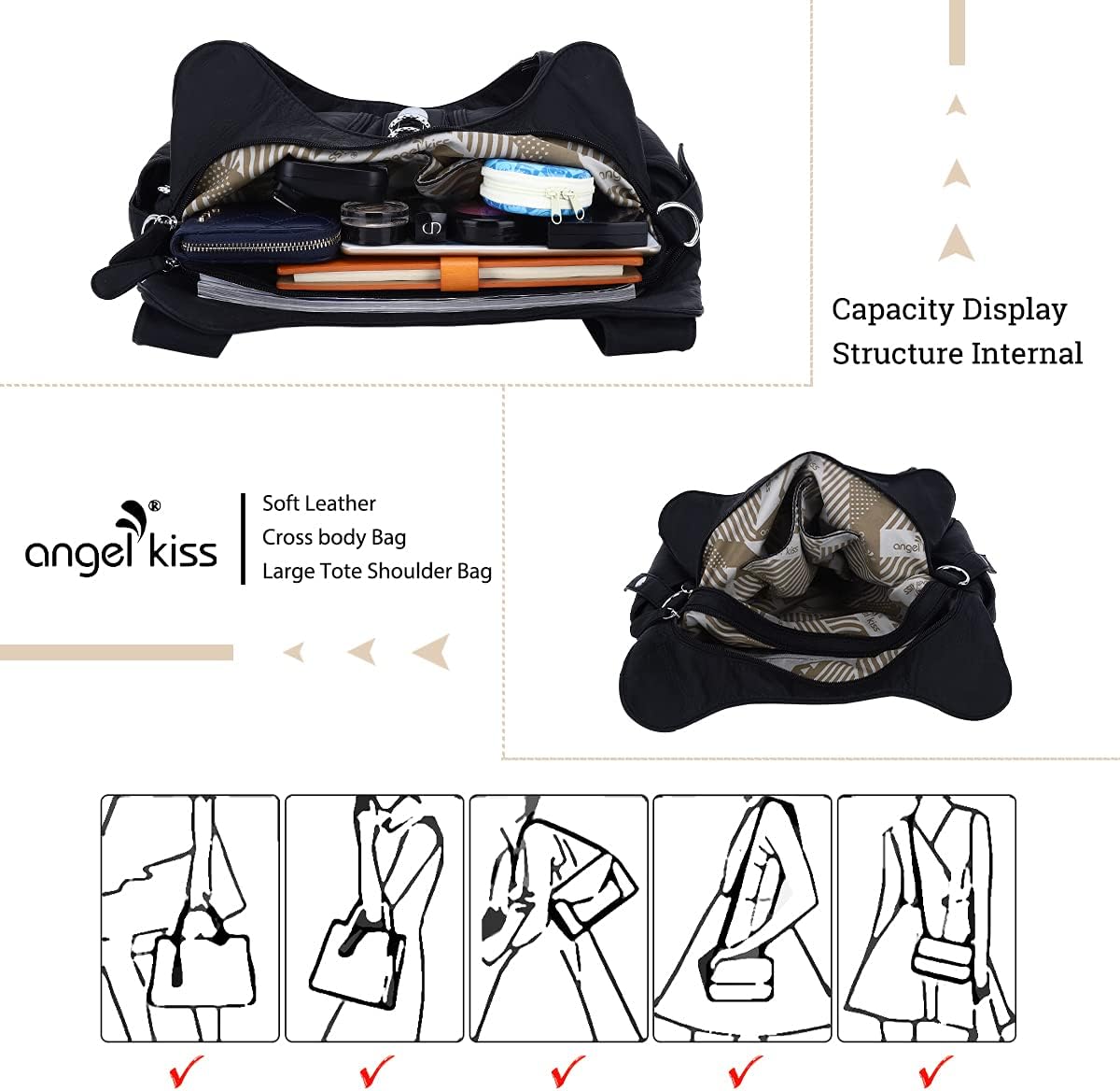 Detalle 1 de Angelkiss Large Hobo Satchel Handbag for Women (Washed PU Leather)