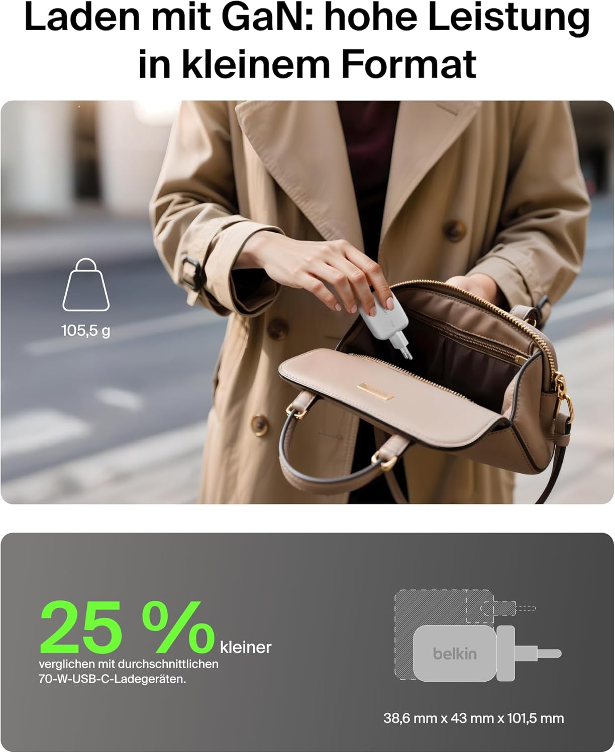 Thumbnail 2 de Belkin 70W GaN-Ladegerät mit 3 Ports (2x USB-C, 1x USB-A) – kompakt, universell einsetzbar