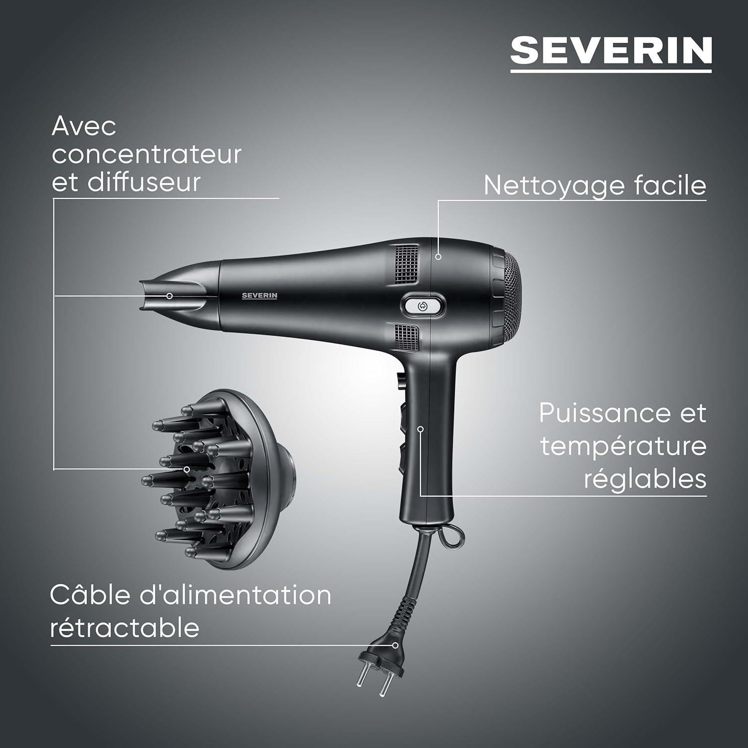 Thumbnail 6 de Sèche-cheveux Severin HT 0165 avec câble rétractable et accessoires amovibles