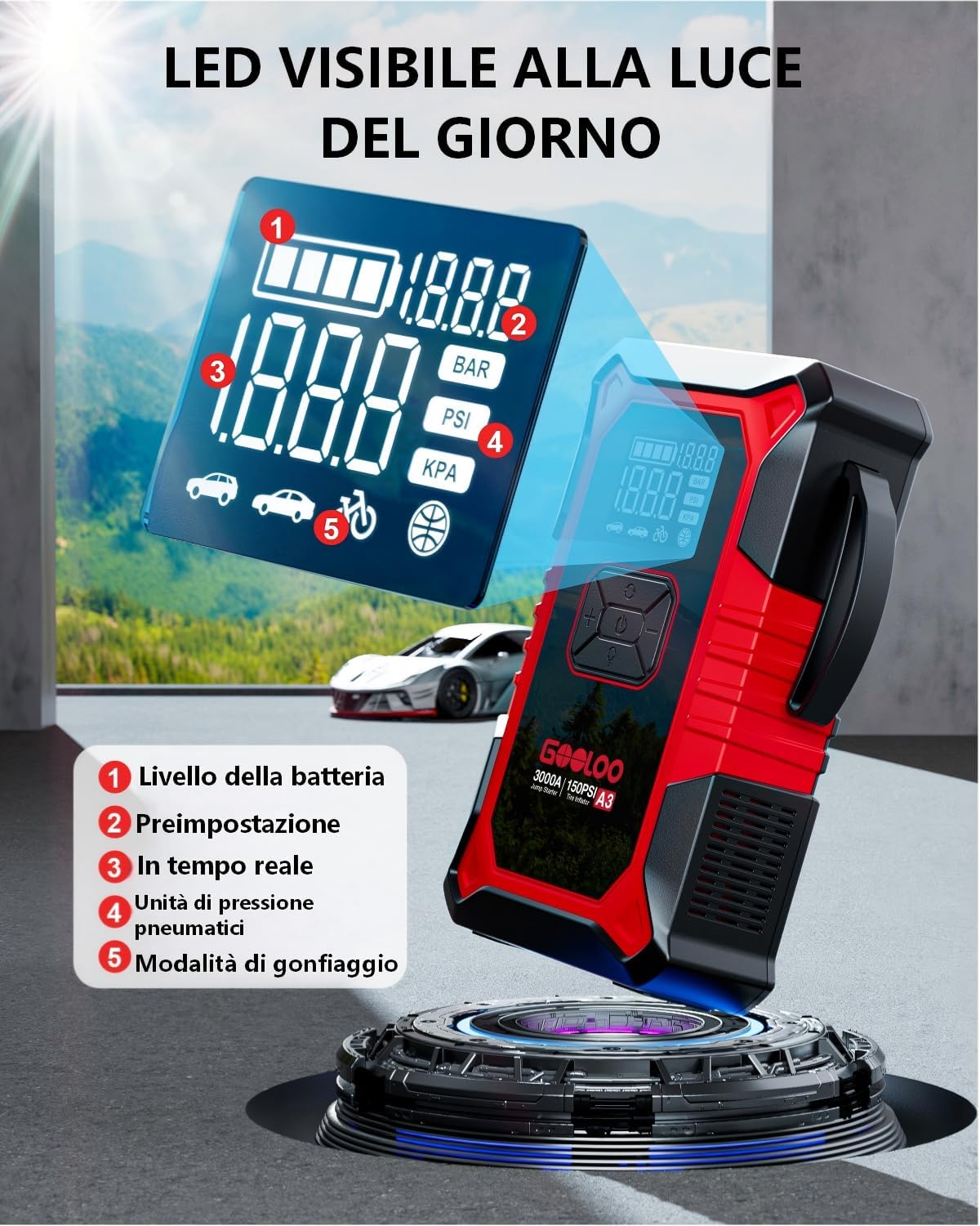 Thumbnail 5 de GOOLOO 3000A Avviatore con compressore 150 PSI e torcia SOS: arrancatore d’emergenza per auto