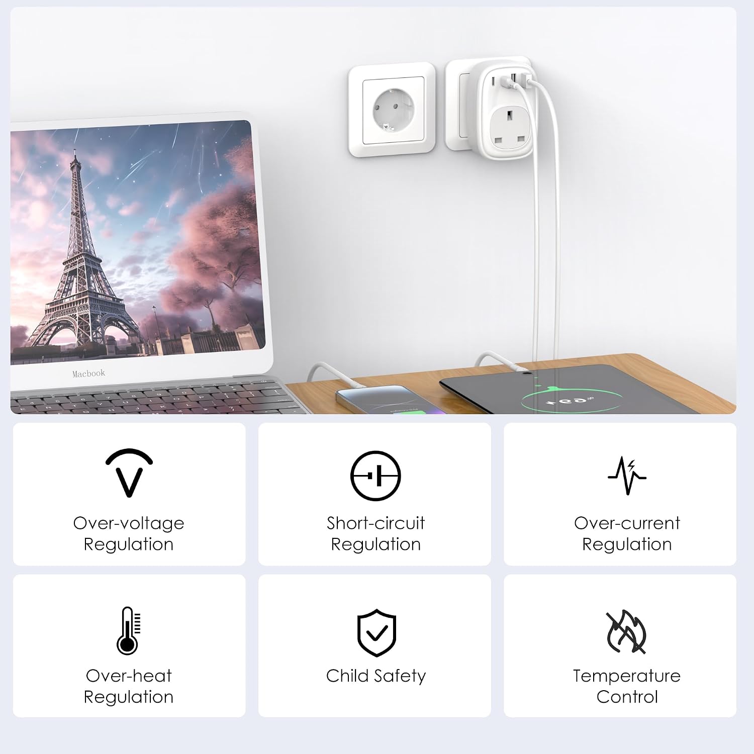 Thumbnail 3 de Tusreda UK to EU Plug Adapter – 40W USB-C Fast Travel Charger (Schuko)
