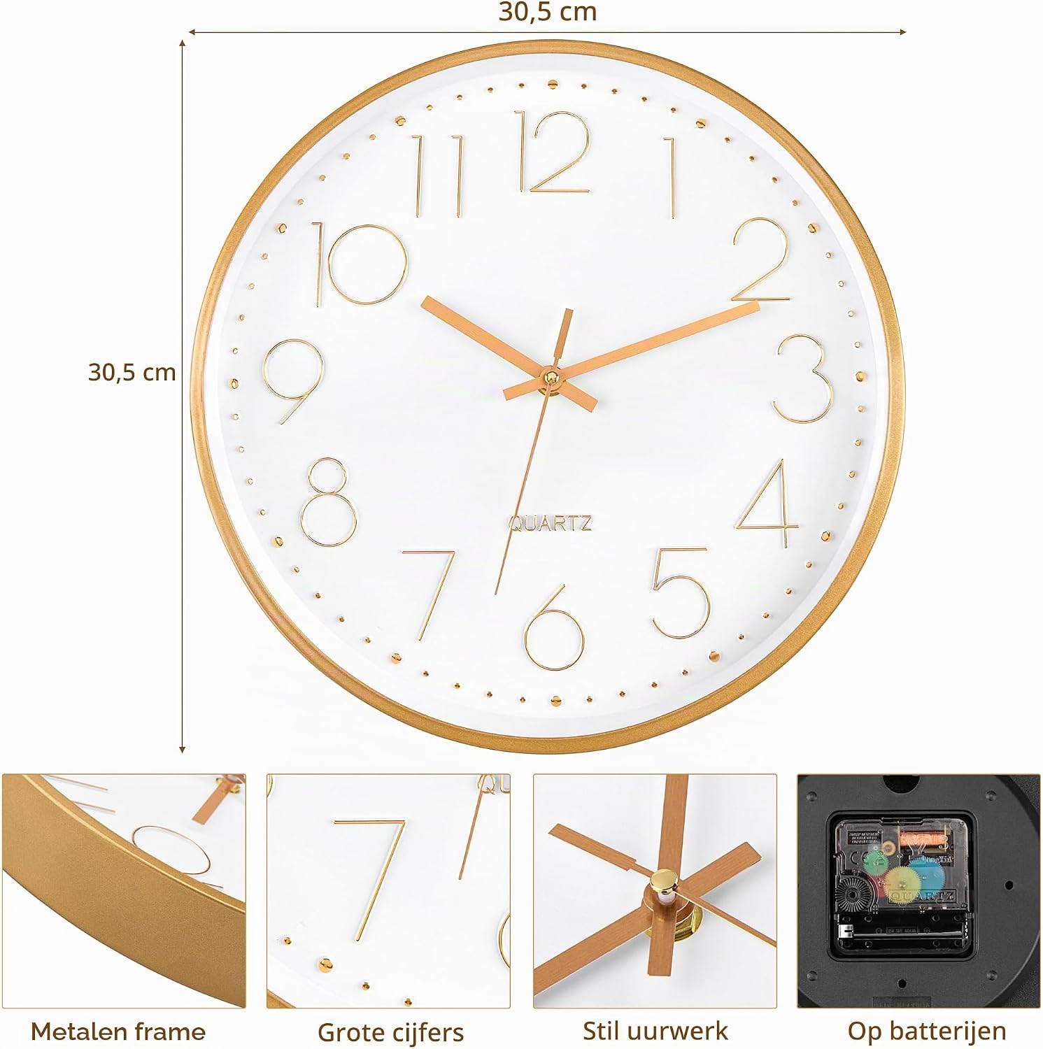 Detalle 2 de Foxtop Horloge Murale-04 wandklok 30 cm, goudkleurig en geruisloos