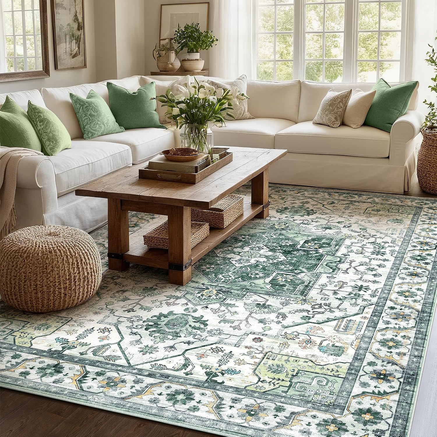 Detalle de XSIVOD 120 x 180 cm Washable Non-Slip Vintage Floral Area Rug for Bedroom, Living Room & Entryway