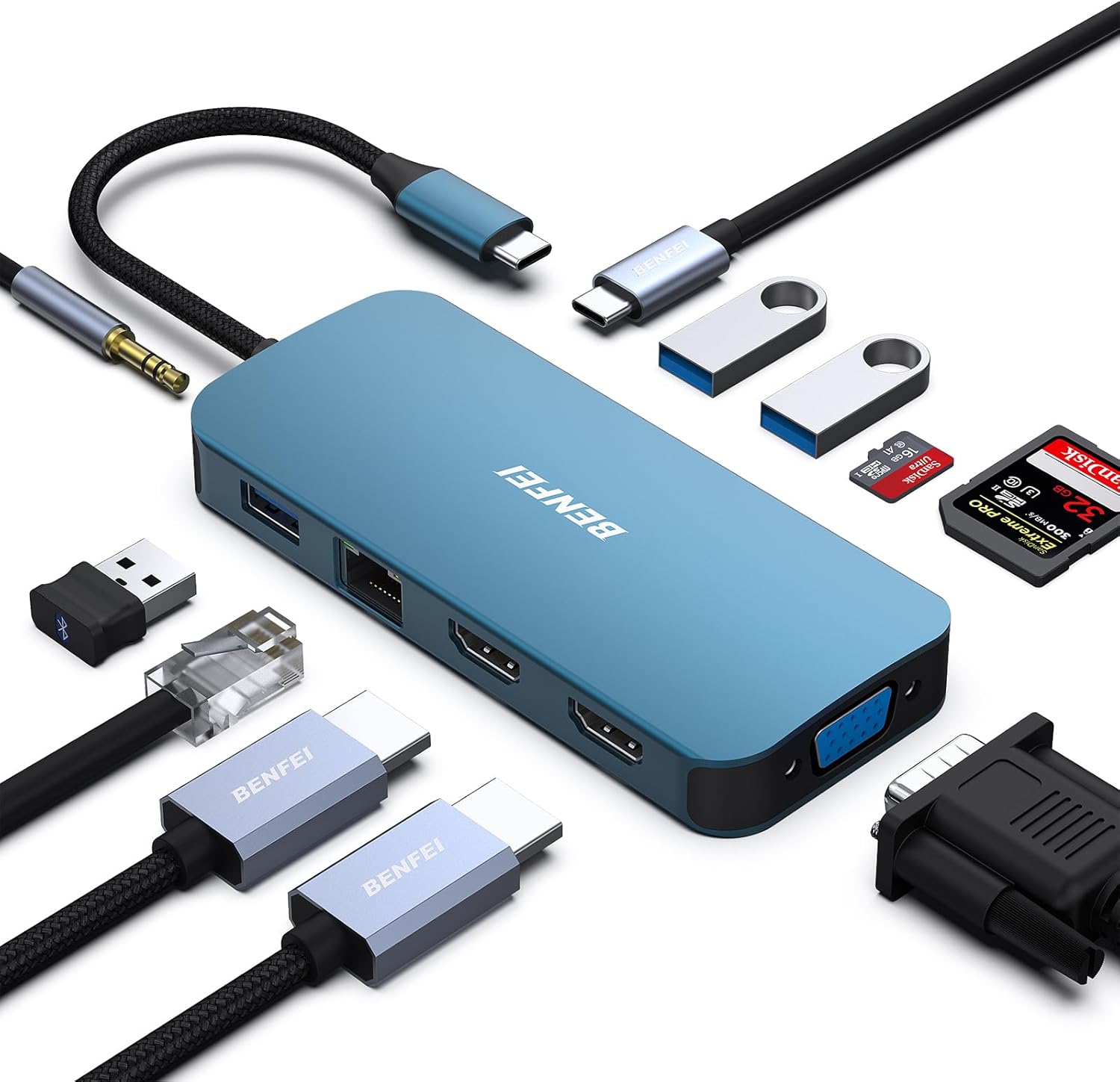 Thumbnail 6 de BENFEI USB-C Docking Station MST Hub (11-in-1) für bis zu 3 Displays, 2× HDMI + VGA, 5 Gbps, Gigabit Ethernet, PD 100 W