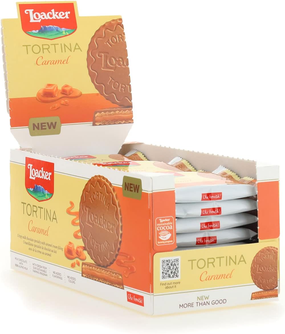 Detalle de Loacker Tortina Caramel: croccanti wafer, crema al caramello e cioccolato al latte in confezione convenienza