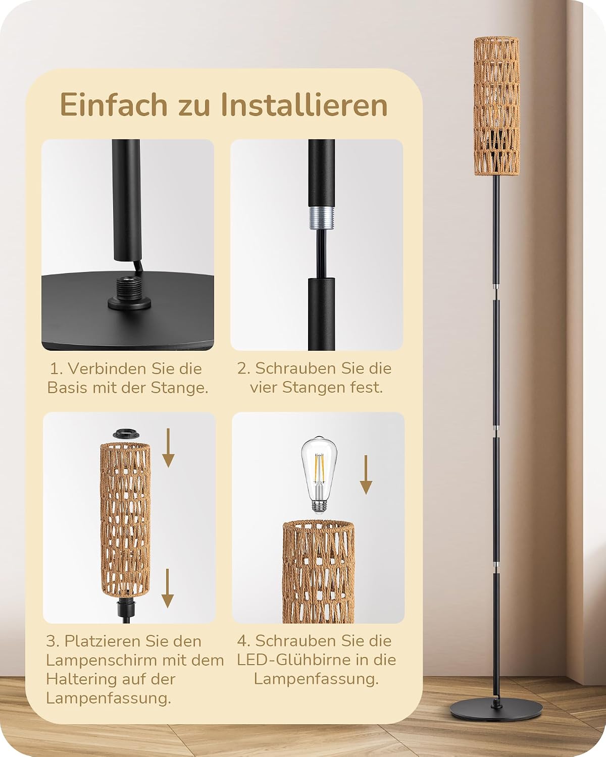 Thumbnail 6 de EDISHINE Stehlampe fürs Wohnzimmer mit gewebtem Seil-Lampenschirm (2700K, E27), Höhe 165 cm